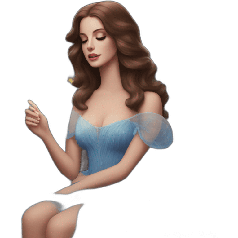 Lana Del Rey casting a spell com um vestido transparente azul cintilante tomara que caia emoji