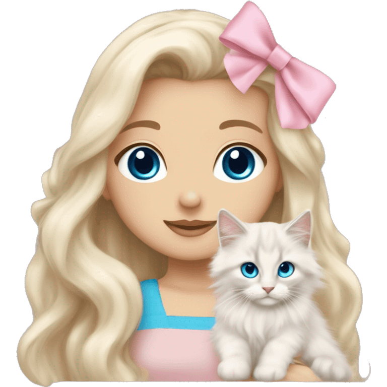 pale blonde girl with long platinum white wavy hair with bright blue eyes and wearing a light pink hair bow holding a beige long haired main coon kitten also wearing a hair bow emoji