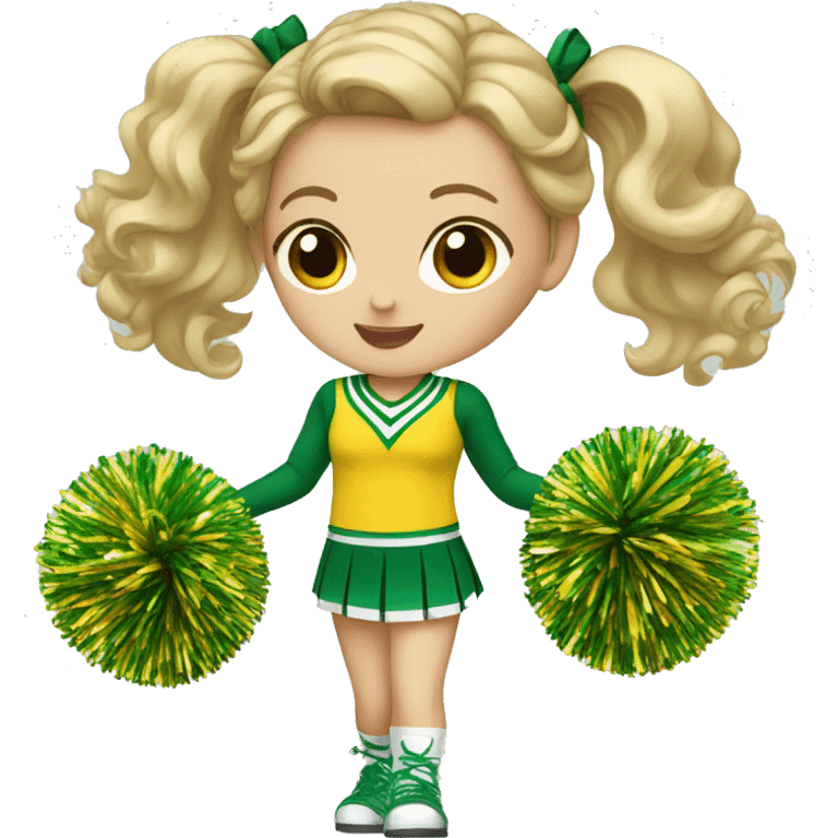 White girl Cheerleader cheering with green and yellow uniform and poms emoji