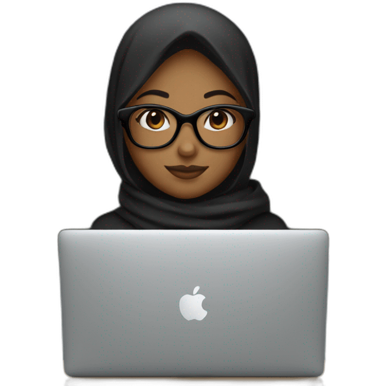 Brown girl with black hijab and black glasses in front of MacBook 💻  emoji