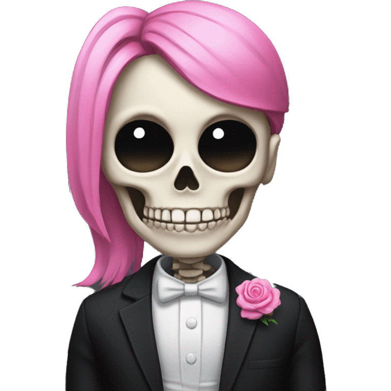 Skeleton emoji, no eyes, with a high pink ponytail wearing a black suit emoji