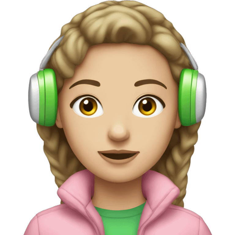 brunette girl with some blonde hair with green eyes wearing light pink ear muffs  emoji