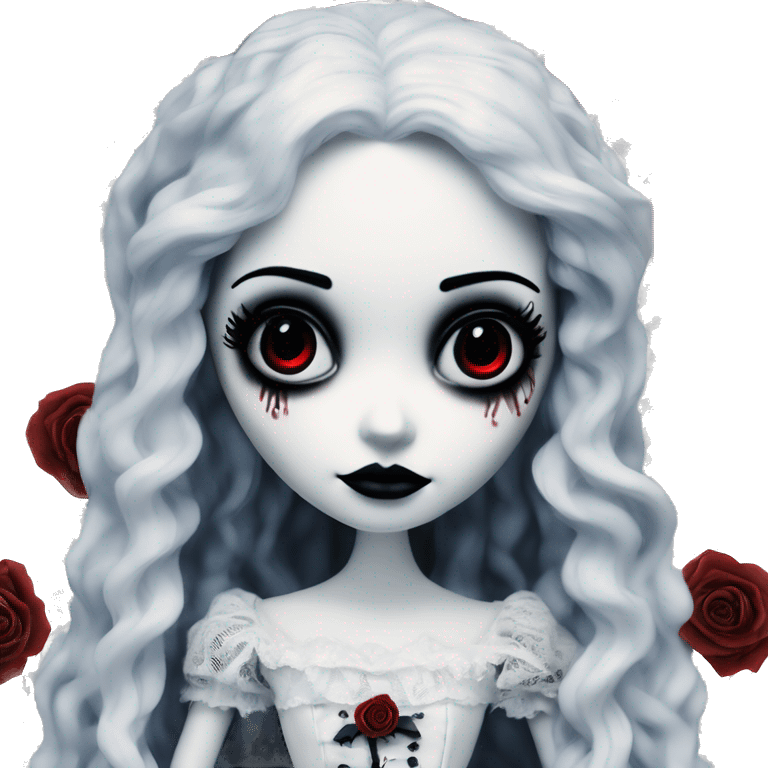 full height, tim burton "corpse bride", porcelain doll with a cracked face, goth makeup watery eyes, long hair, lace and ruffles, lolita style, inked, black and white, red roses emoji