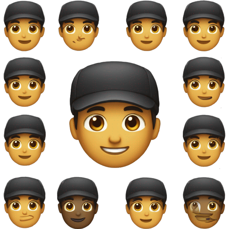 Persona feliz de cabello negro, ojos marrones, anteojos negros y gorra completamente negranegra  emoji