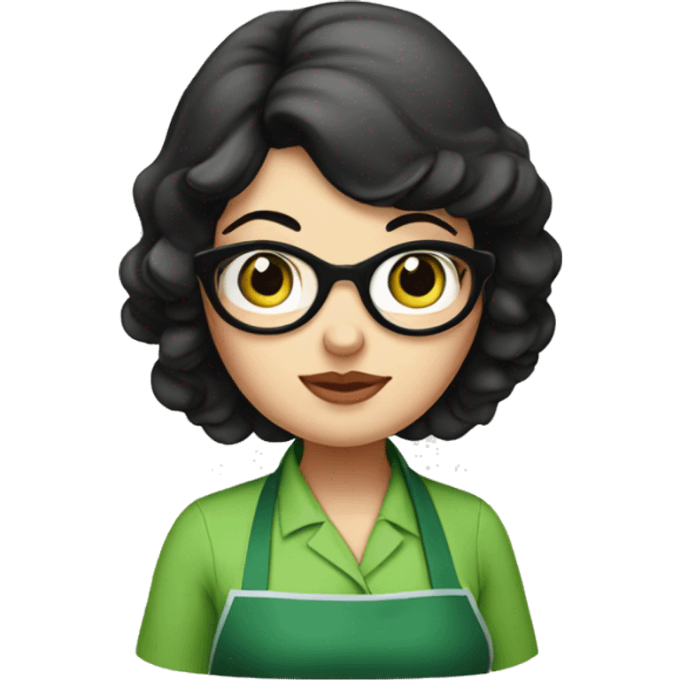 chubby lady with black hair and big eyes green apron  with glasses cooking  emoji