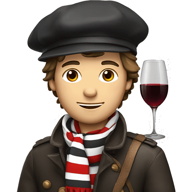 a french guy with a beret, black and white striped clothes, a red scarf and a baguette on his back and a glass of red wine emoji