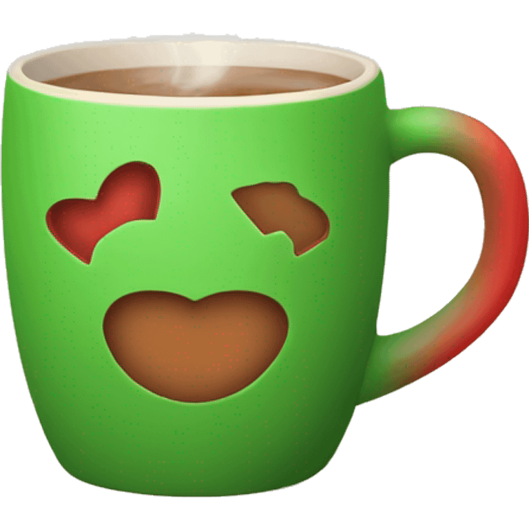 mugs with a hot drink, a beige mug. Steam rises from the mug in the shape of hearts. The color of the mug is warm red or green to convey the New Year mood emoji