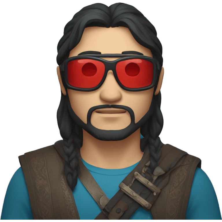 a kazakh man with longer hair in a black bandana, red blue light blocking glasses, a minor beard and a visible sword carried on his back emoji