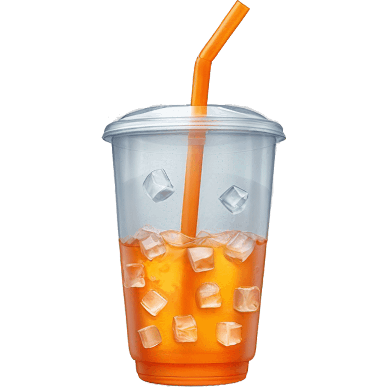 Realistic plastic cup and lid with Transluscent orange soda and large ice cubes inside and one straw through the top of the lid. emoji