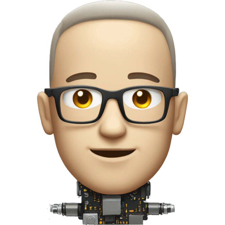 Cyborg head with fair skin, flat top haircut, rectangular glasses, circuits and smiling  emoji