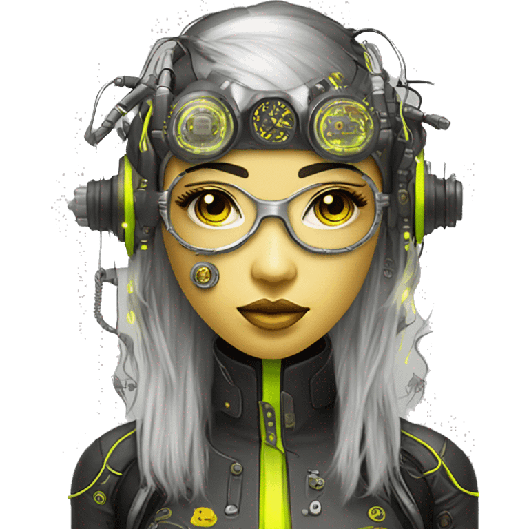 Neon yellow bobbed hair Asian female cyborg head with silver steampunk goggles and circuits emoji