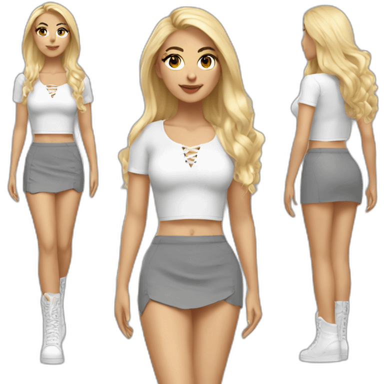 white long straight blonde woman realistic white lace up crop top and grey mini skirt body emoji