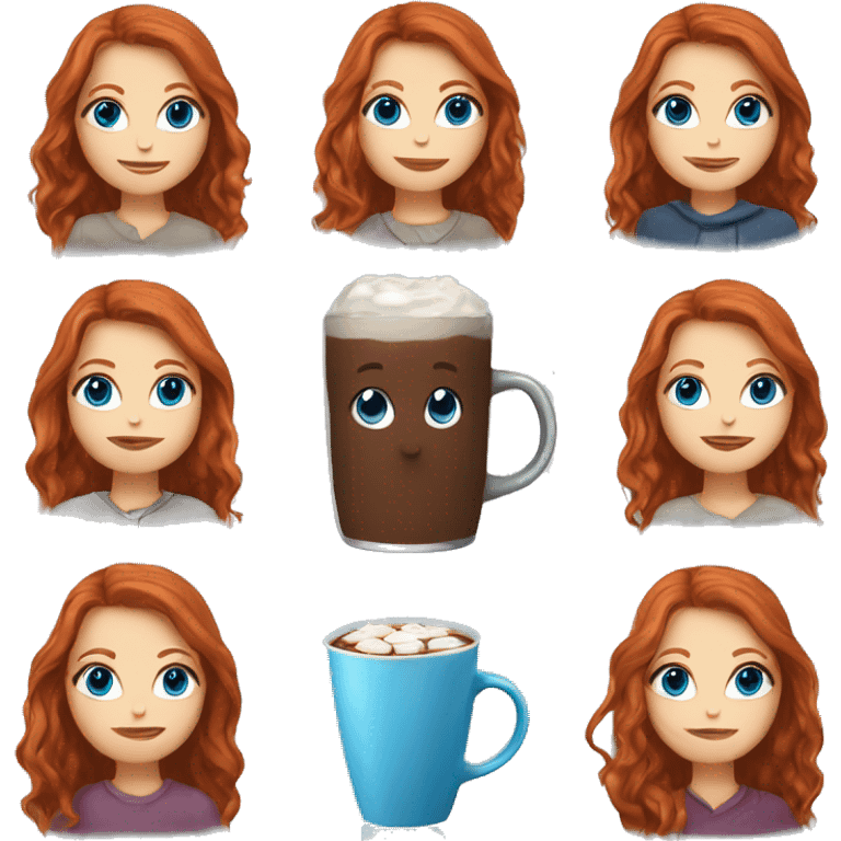 white girl with red long hair, blue eyes and a hot chocolate emoji