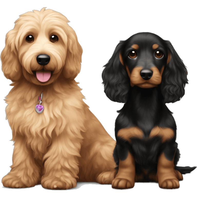 Brown golden doodle and black and tan and cream longhair dachshund sitting together  emoji