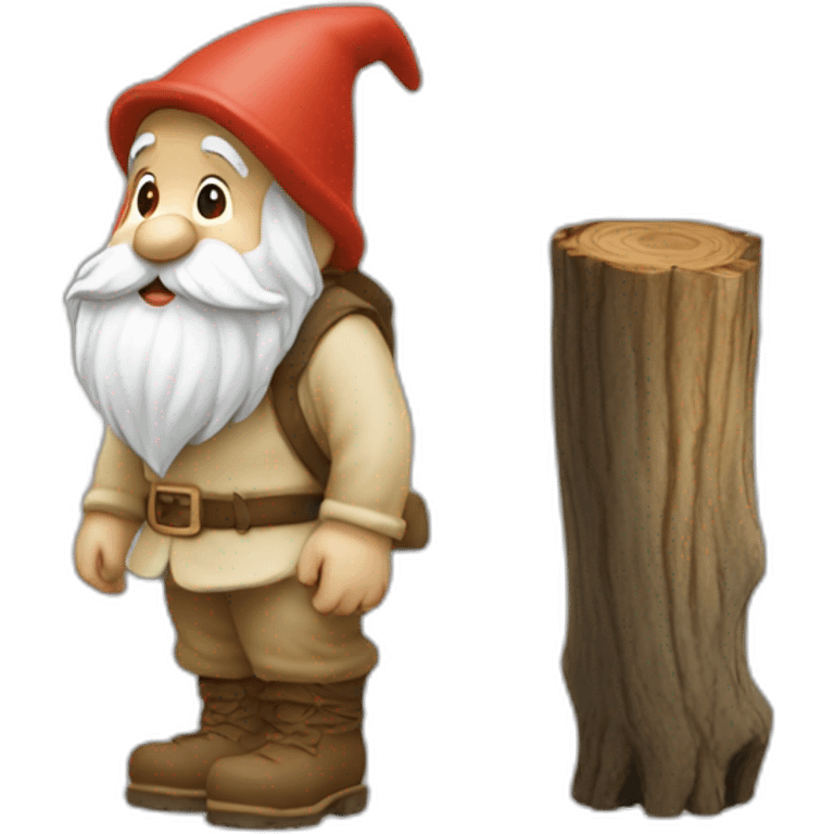 side view of gnome with light tan pants and light tan boots squatting next small brown log emoji