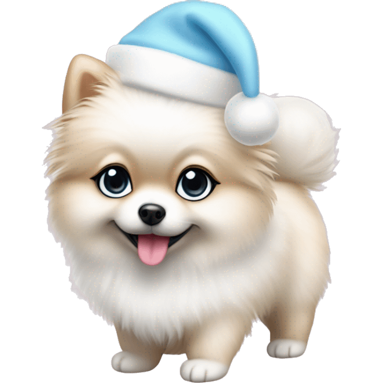 white pomeranian puppy full body light blue eyes pink christmas hat on emoji