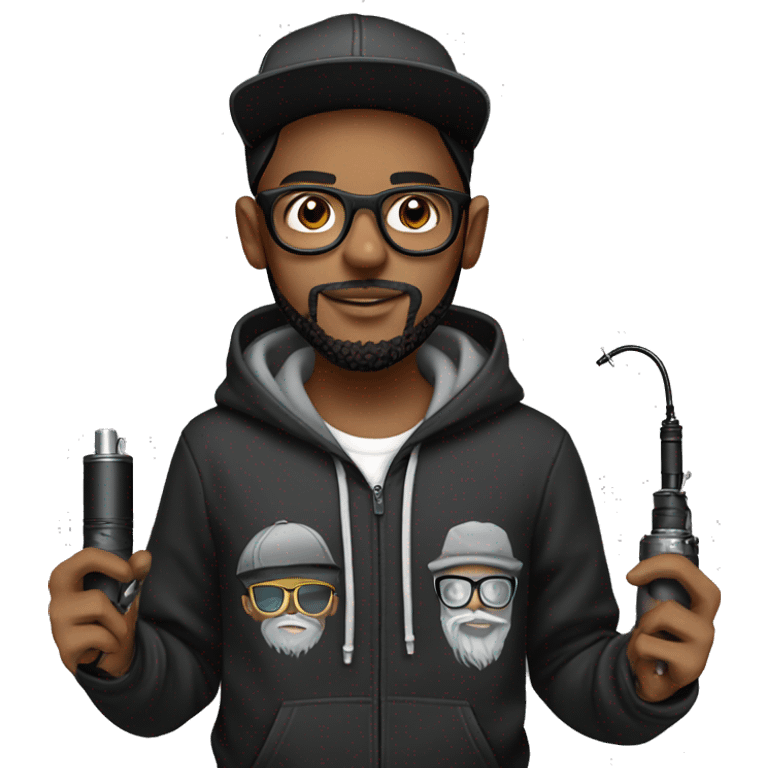 black cap, hoodie, beard and glasses boy holding tattoo machine emoji