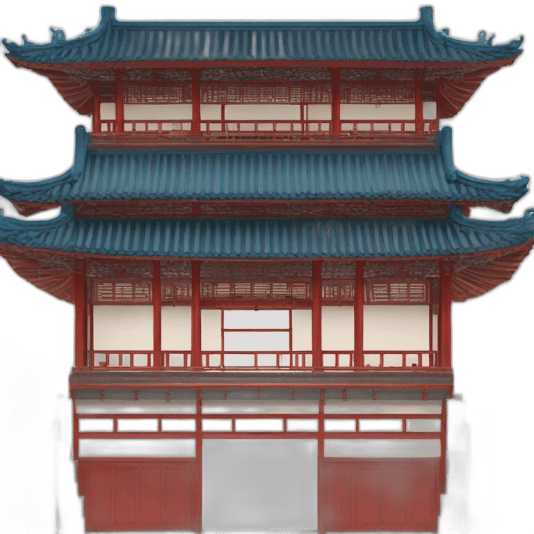 the facade of a large Chinese-style building with a blue roof and red wooden structures emoji