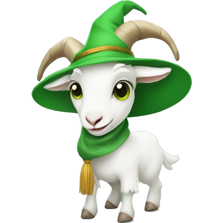 cute white goat with an all green witch hat  emoji