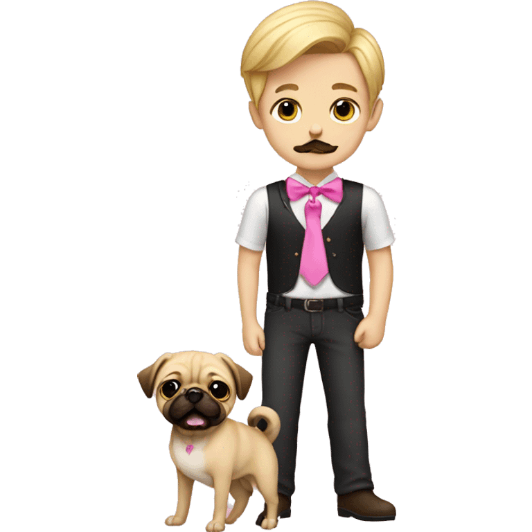 A blonde boy with mustache and beard holding a pug with a pink bow emoji