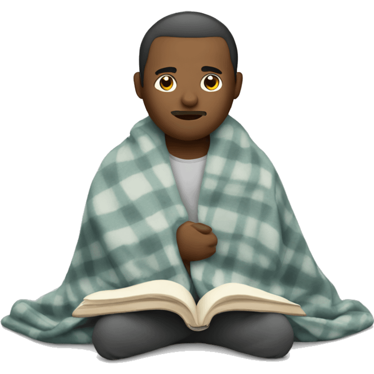 Man in blanket reading emoji