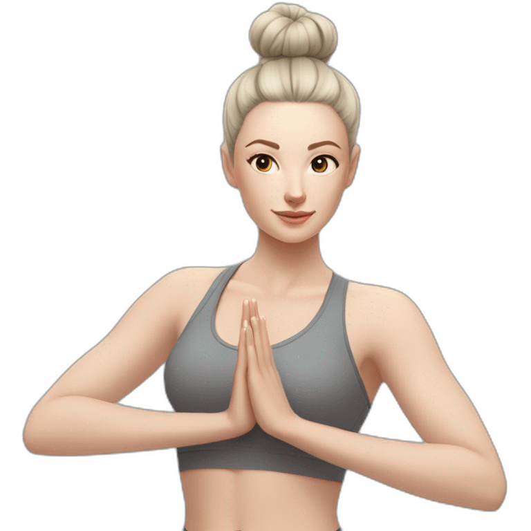 Pale skinned fit woman In a gray tight yoga suit and wristbands With black hair in a bun doing yoga emoji