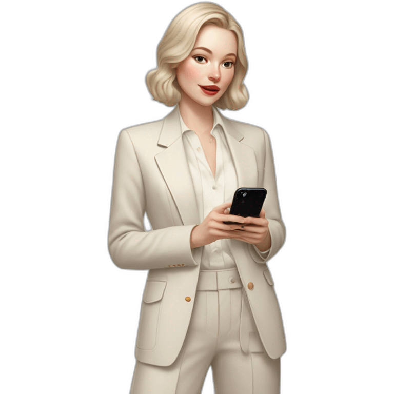 pale skin woman with ash blonde Straightened bob Hair, White Spacious classical jacket, beige palazzo Arrow pants and gray blouse holding white IPhone 15 pro in the hands emoji