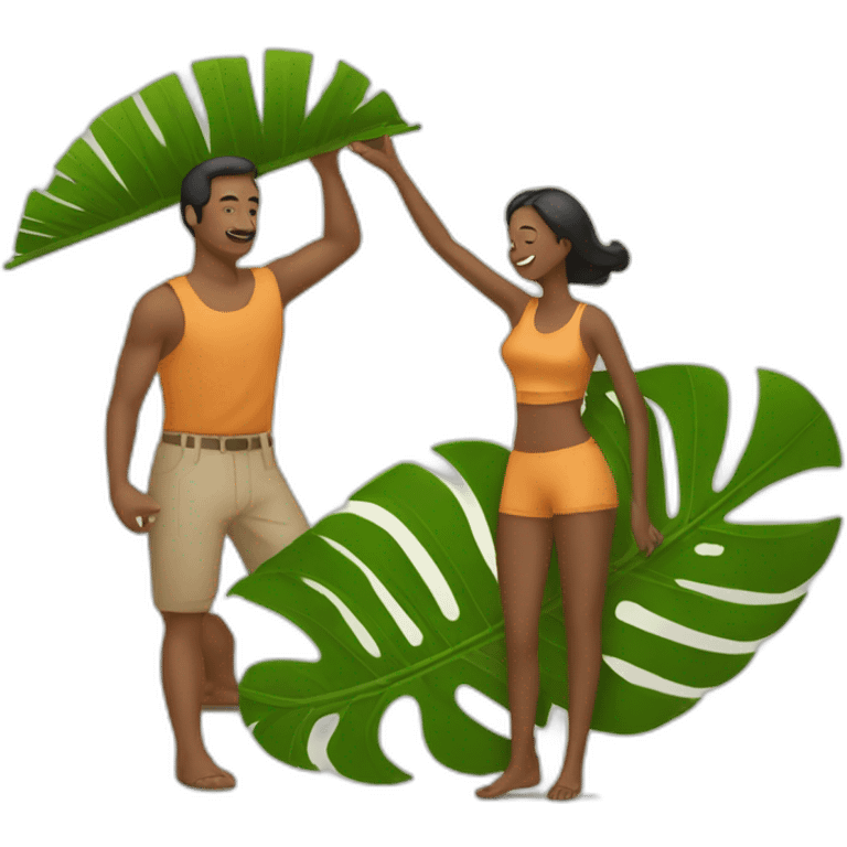 a man is laying and a woman is fanning him with palm leaf emoji