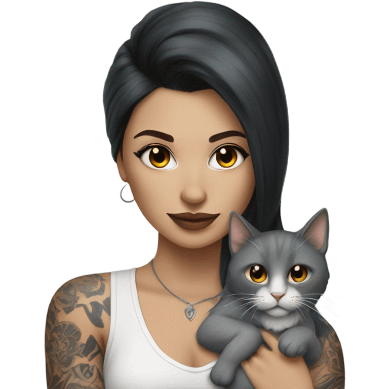 Beautiful dark haired tattooed woman holding gray and white long hair cat emoji