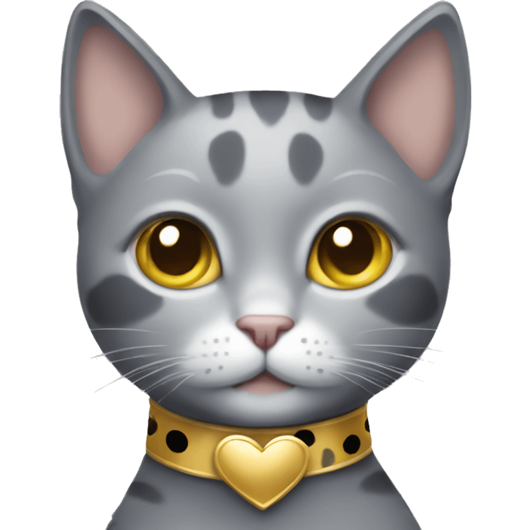 grey cat with spots with golden heart collar emoji