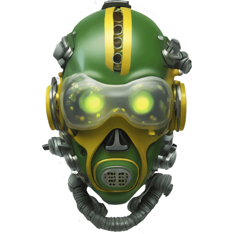 Green skin cyborg head with dark yellow Mohawk, white respirator mask and circuitry emoji