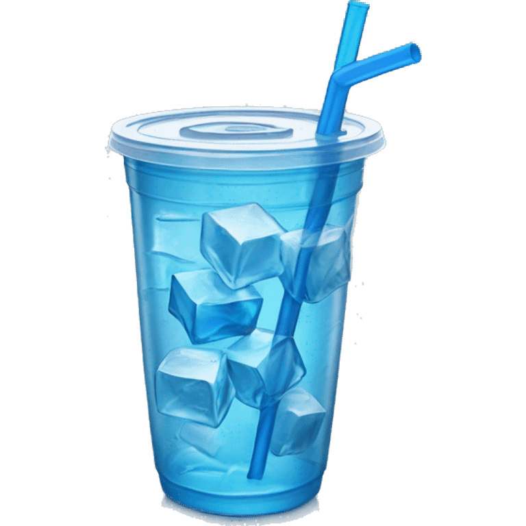 Realistic plastic cup and lid with blue soda and large ice cubes inside and straw through the top of the lid. emoji