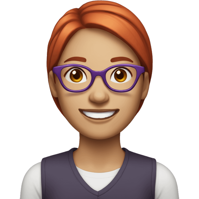 Woman with short, straight, red hair, fair skin, smiling with teeth visible, and wearing round purple glasses emoji