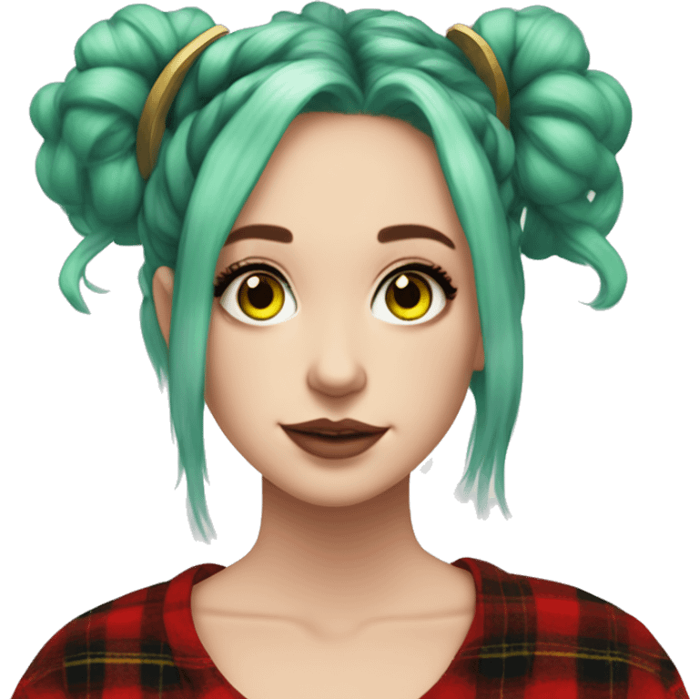  Pale woman, blue eyes, green hair, space buns hairstyle, wearing a red flannel, gold hoop earrings, thick wing eyeliner emoji