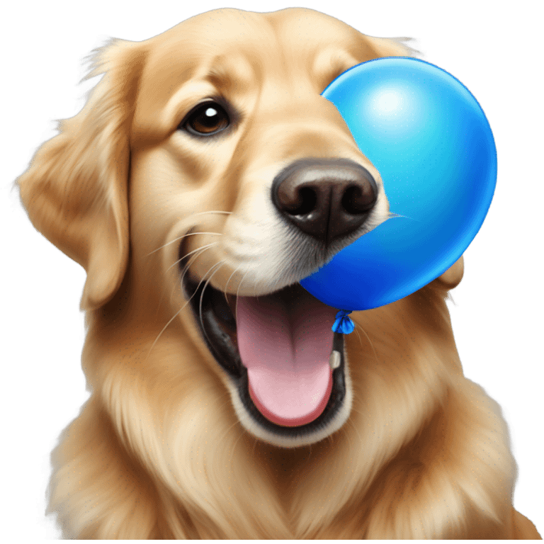 Golden retriever holding blue balloon in mouth emoji