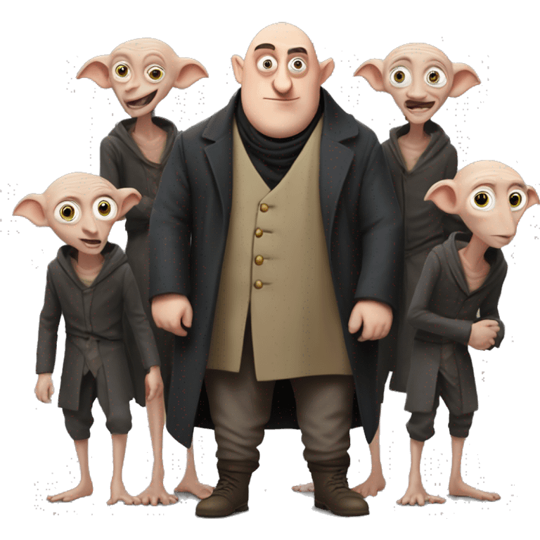 gru as dobby surrounded by his minions emoji