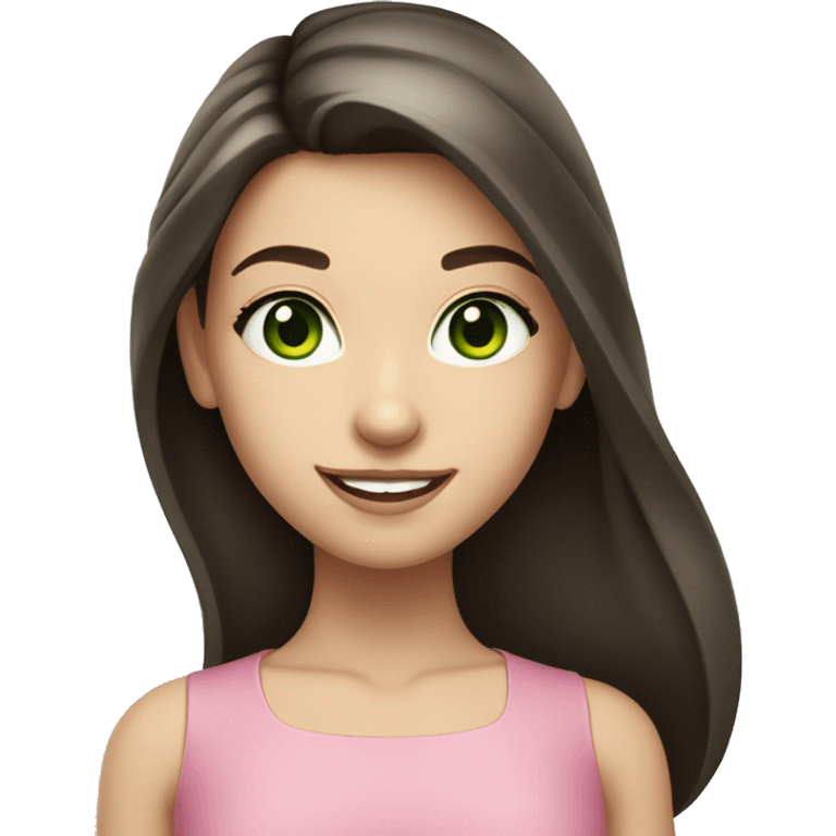 Caucasian smiling girl with long dark brown hair and green eyes and a round face and pink lips emoji