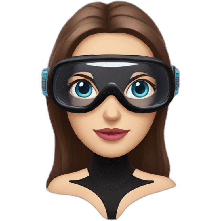 woman with blues eyes, large and straight brown hair, pink diving mask with a single crystal. underwater black suit emoji