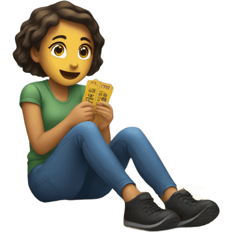 Girl sitting on the floor counting tickets emoji