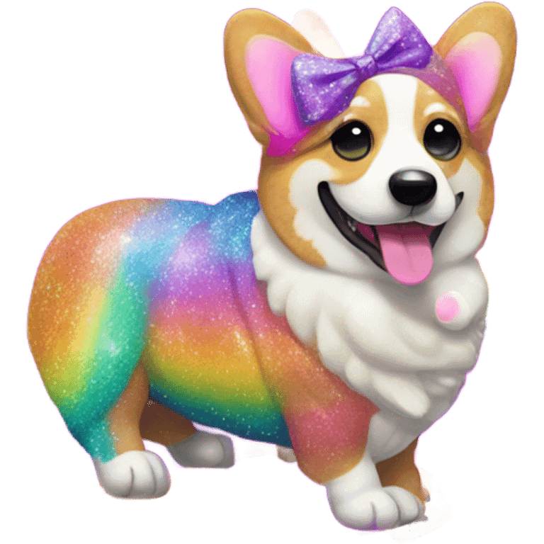 Lisa frank rainbow glitter corgi with ribbon bow on head emoji