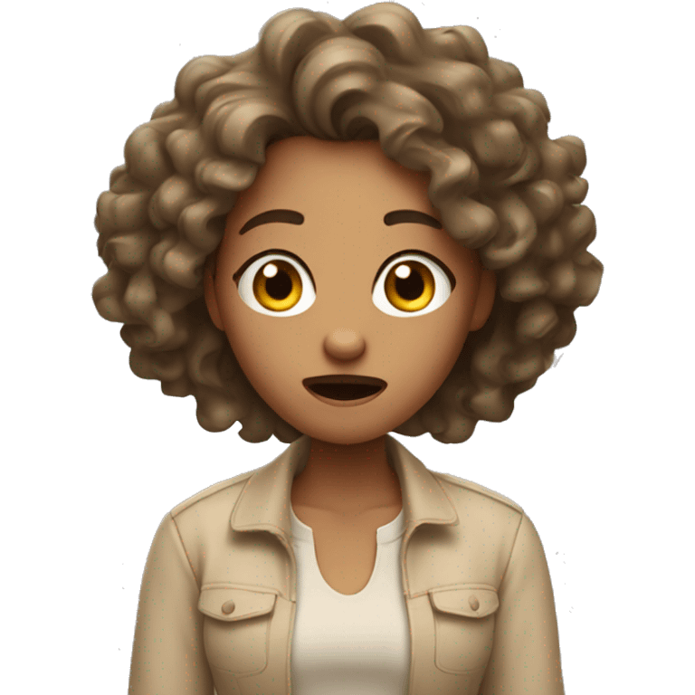 Girl in shocked, curly hair, beige clothes . emoji