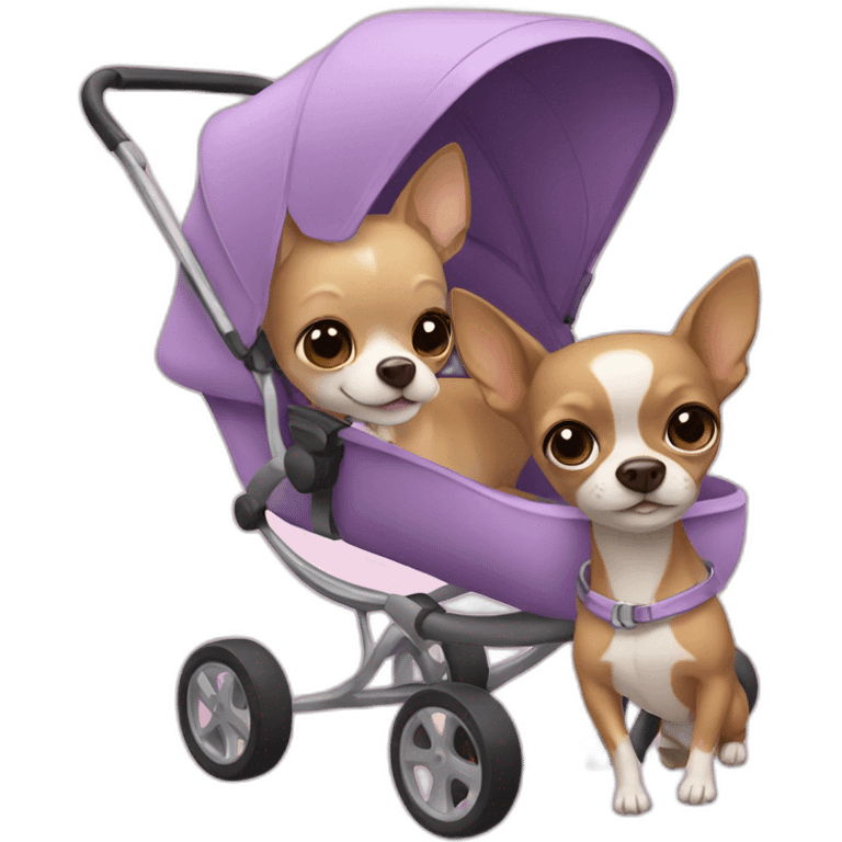 Two girls with chihuahua in stroller emoji