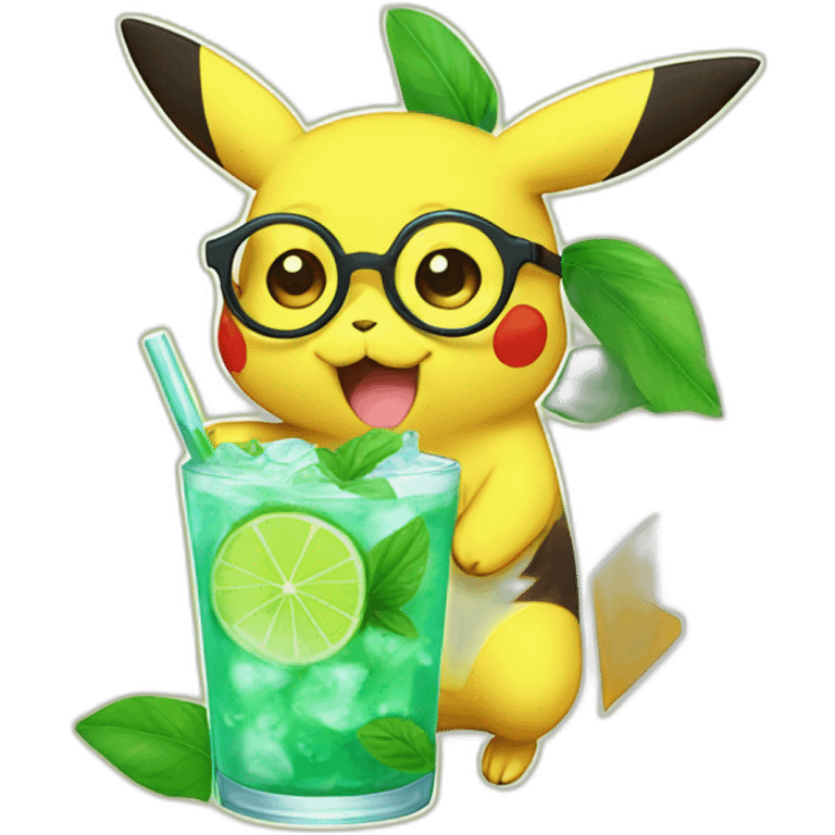 sick pikachu with glasses drinking mojito emoji