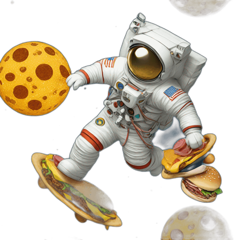 cat walking on moon with boots made of burgers emoji