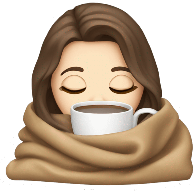 White girl with brown hair inside a blanket sipping coffee eyes closed emoji