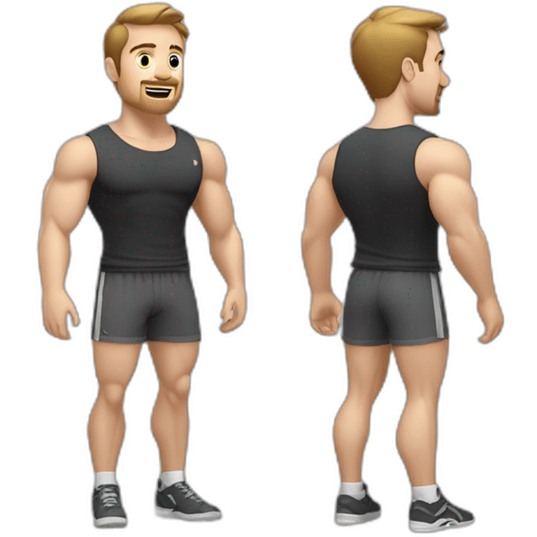 Full height Actively gesturing with hands Pale skinned Fit Man With the biceps and brown hair in dark gray Sleeveless Mike, black oversize sports shorts, watch and white Sneakers emoji