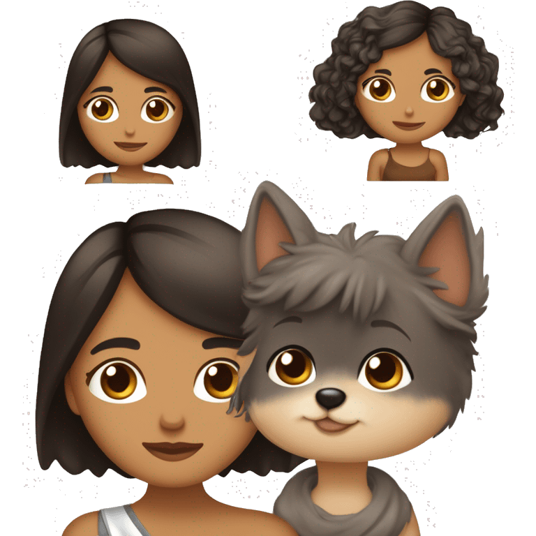 mulher morena olhos castanhos cabelo castanho no ombro pele bege clara com um cachorro yorkshire caramelo preto e branco orelhas pra cima  emoji