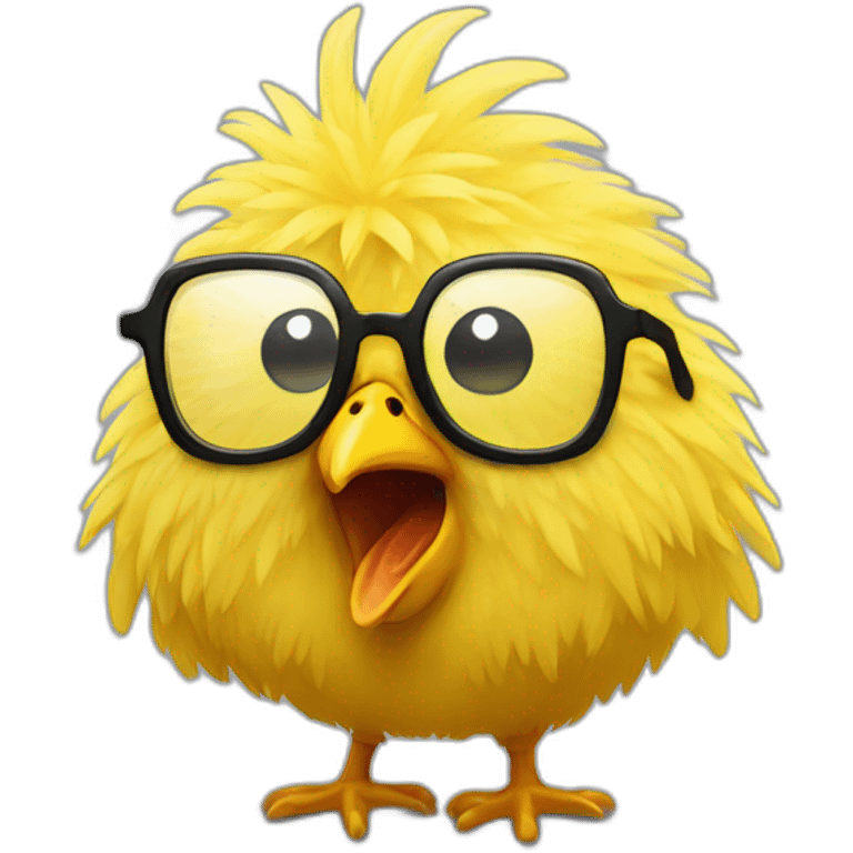 Fluffy yellow chicken with dark glasses shocked by a thunder emoji