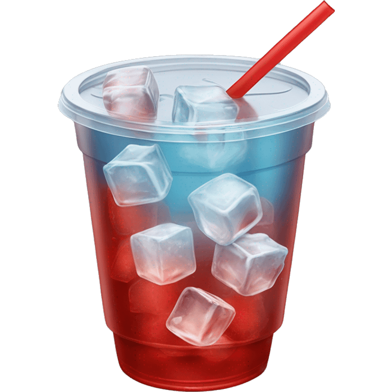 Realistic see through plastic cup and lid with half full Transluscent red soda,straw and large ice cubes inside. emoji