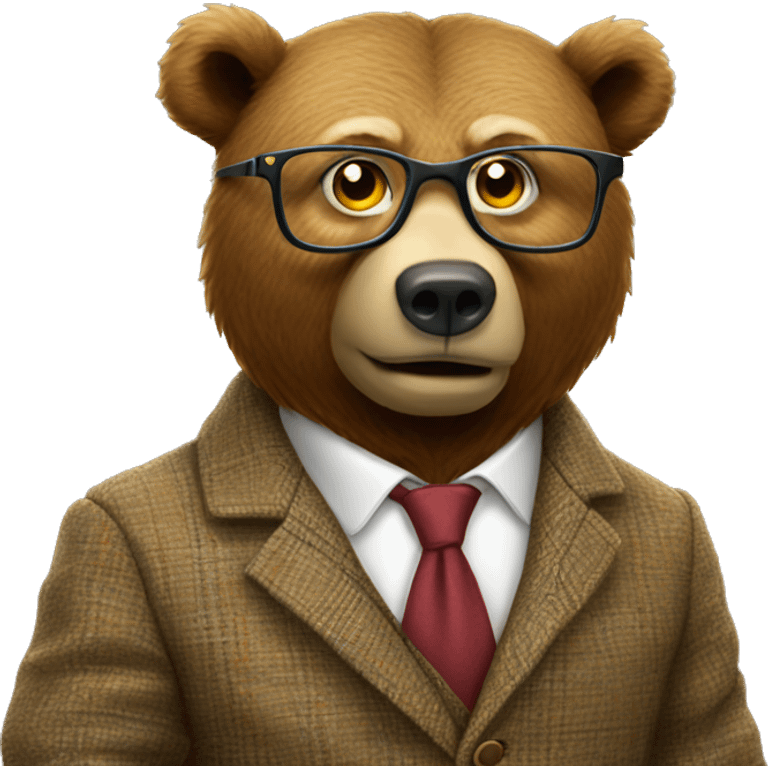 Brown bear animal dressed as a university professor wearing tweed suit and clear yellow plastic thick-rimmed glasses emoji